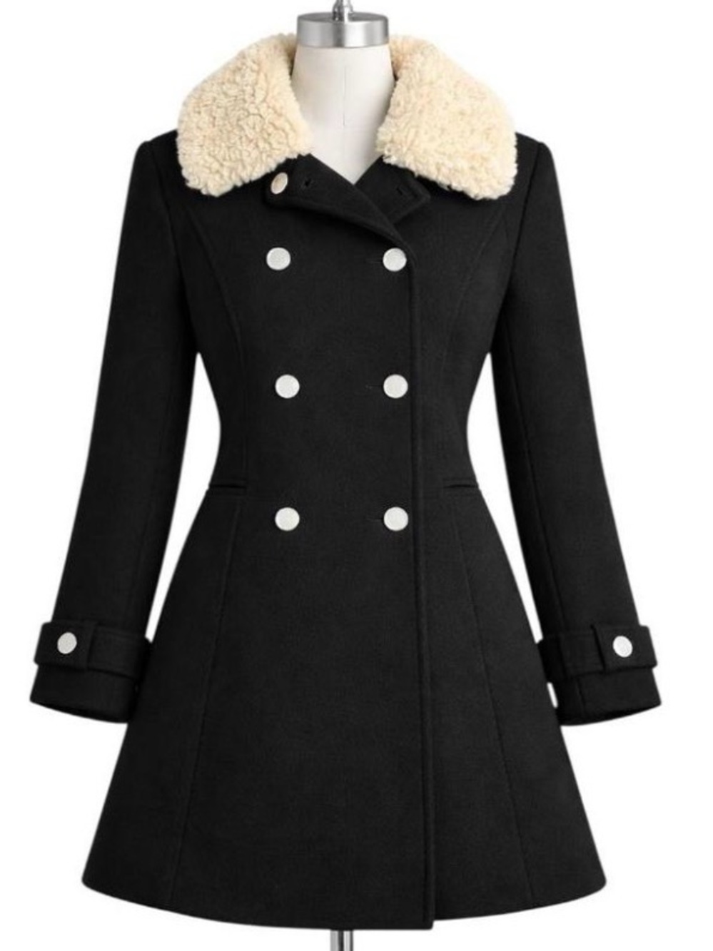 Karl Lagerfeld Paris Wool Coat with Cream Shearling Collar Cristal Buttons